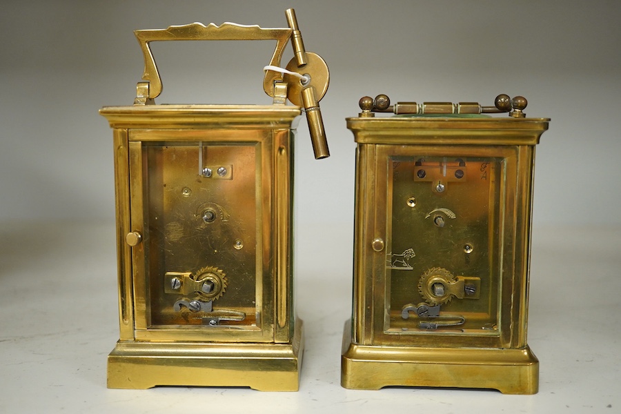 Two brass cased carriage timepieces, tallest 11cm. Condition - fair to good.